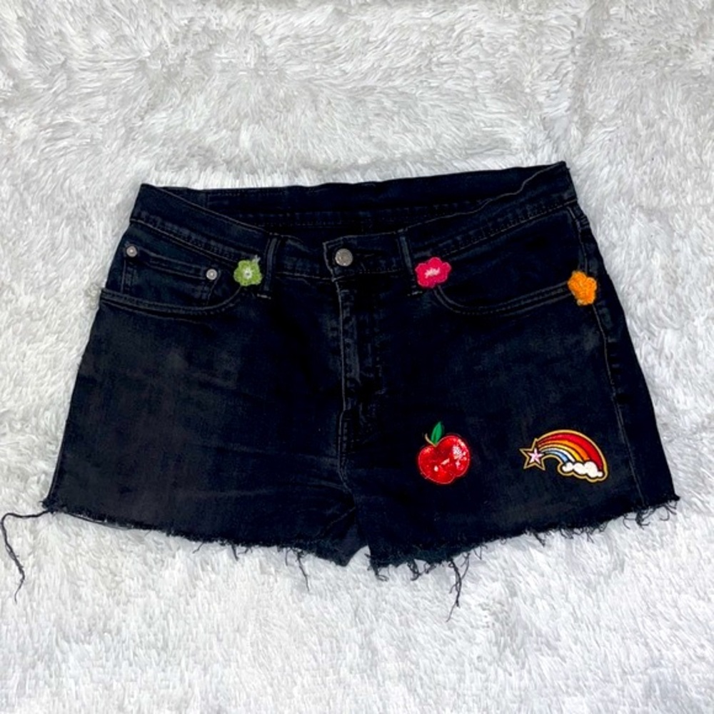Levi’s 502 Jaime Balmes #8 Black Denim Cut Off Jean Shorts with Patches W32